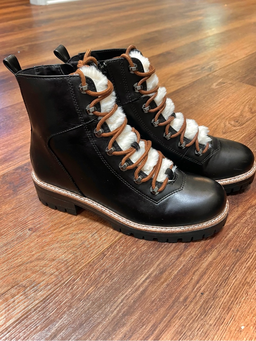 Black Leather Combat Boots with the Fur, Brown Laces and Faux Fur - Women’s 8